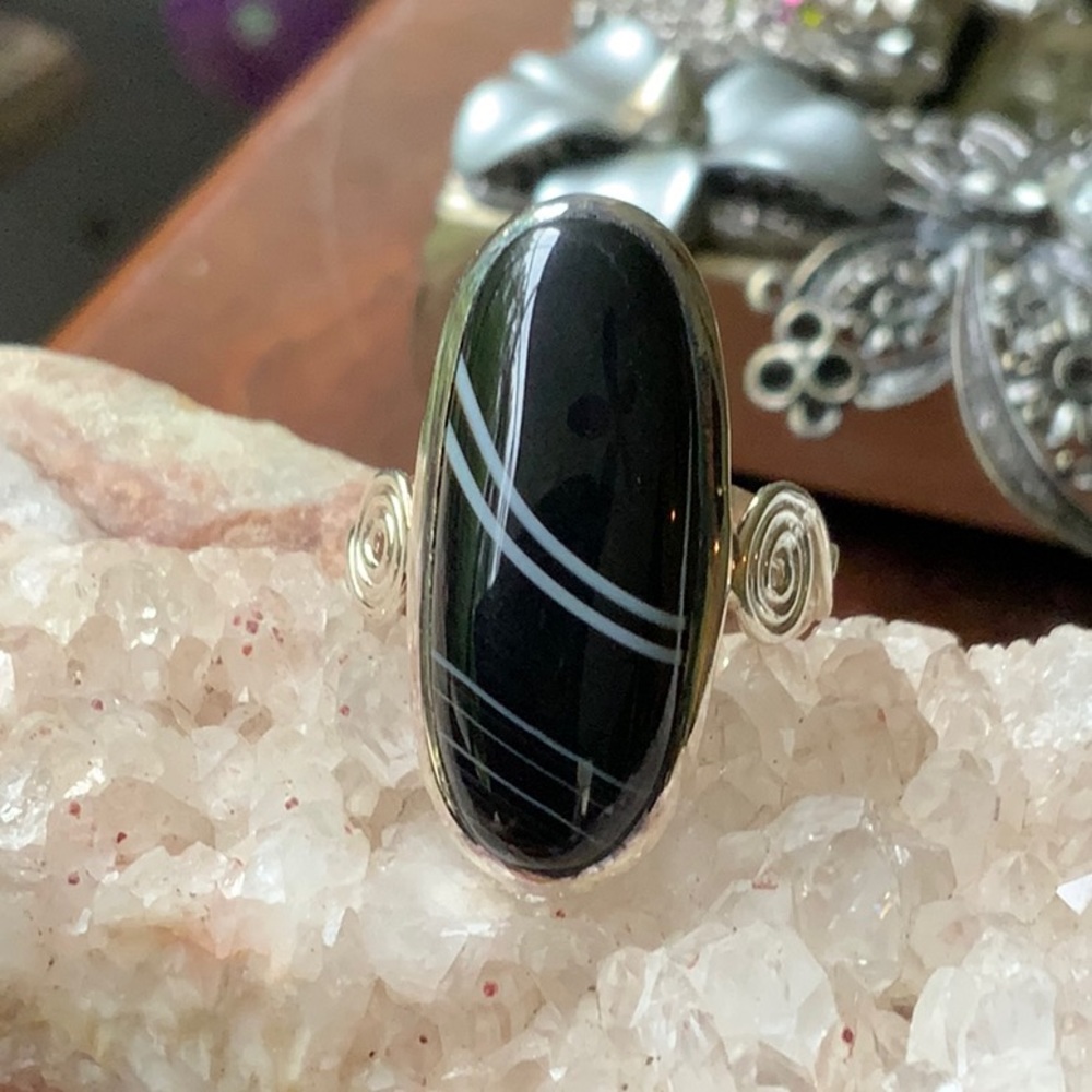 BLACK BOTSWANA AGATE 925 STERLING SILVER RING, SIZE 8